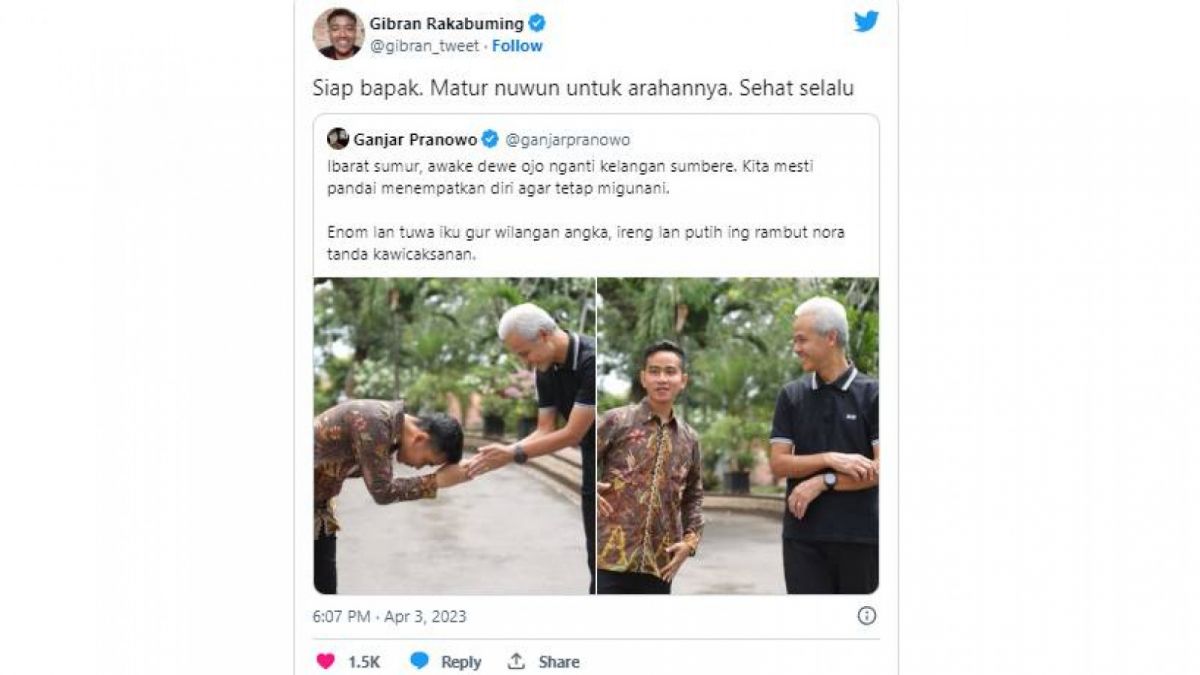 Gibran Rakabuming dan Ganjar Pranowo Bertemu Usai Beda Pandangan Soal Piala Dunia U-20 [Twitter/@gibran_tweet]