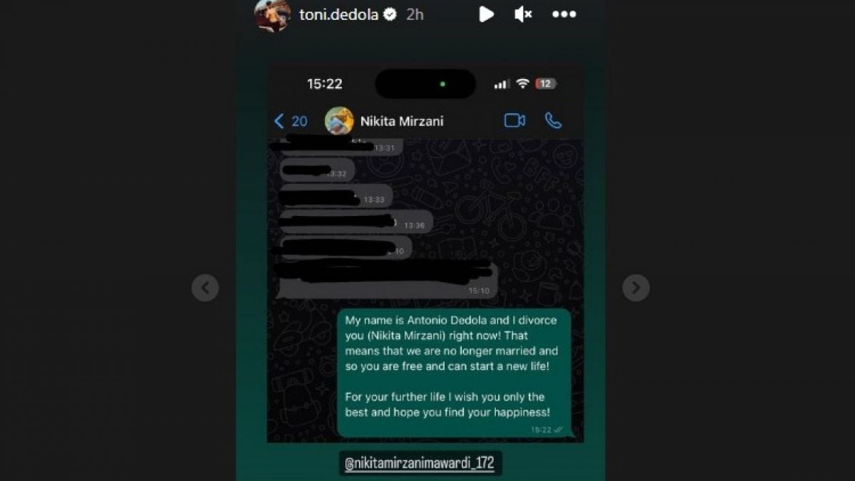 Pernyataan talak atau cerai dari Antonio Dedola terhadap Nikita Mirzani. [Instagram @toni.dedola]