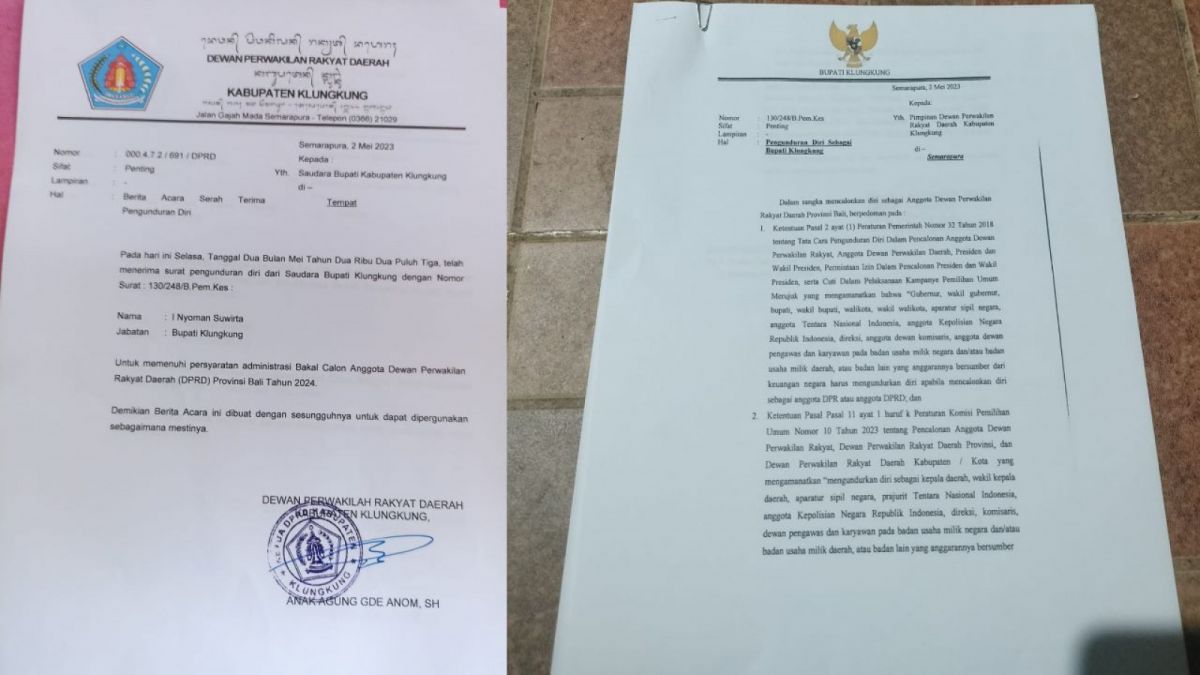 Bupati Klungkung Nyoman Suwirta menyerahkan surat pengunduran diri ke DPRD 2 Mei lalu [Istimewa]