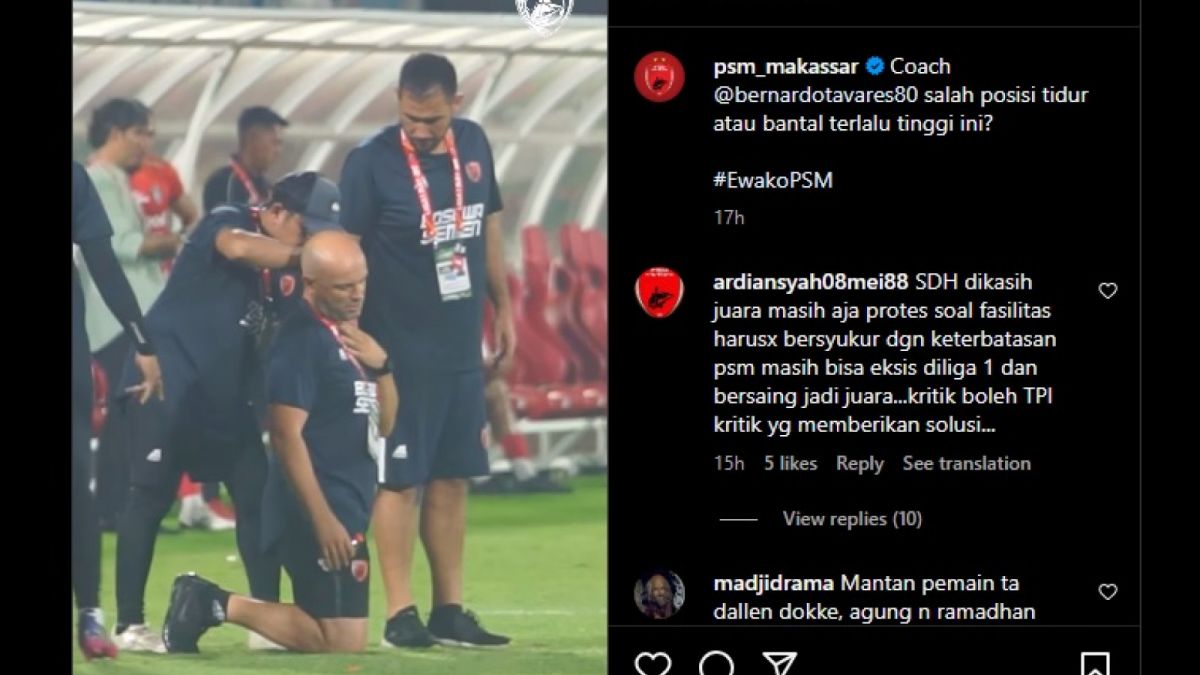 Unggahan PSM Makassar menunjukkan Bernardo Tavares kesakitan [Instagram PSM Makassar]