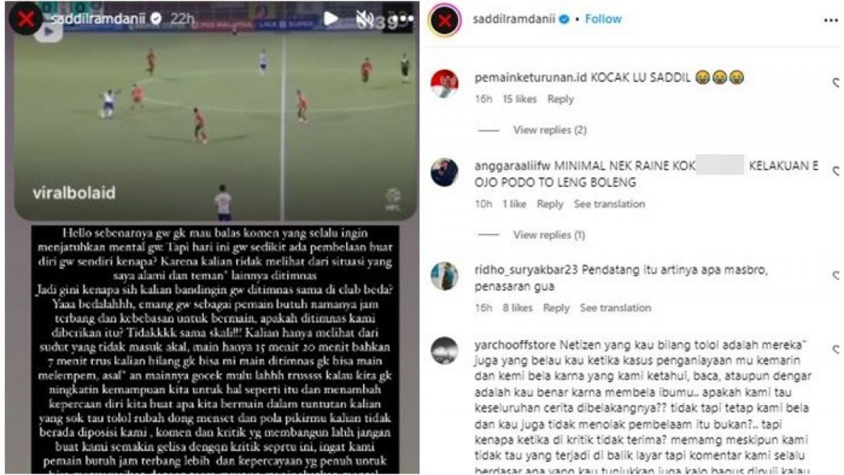 Tangkapan Layar Unggahan IG Story Saddil Ramdani dan Komentar Netizen di Unggahan Instagram-nya. [Instagram/saddilramdanii]