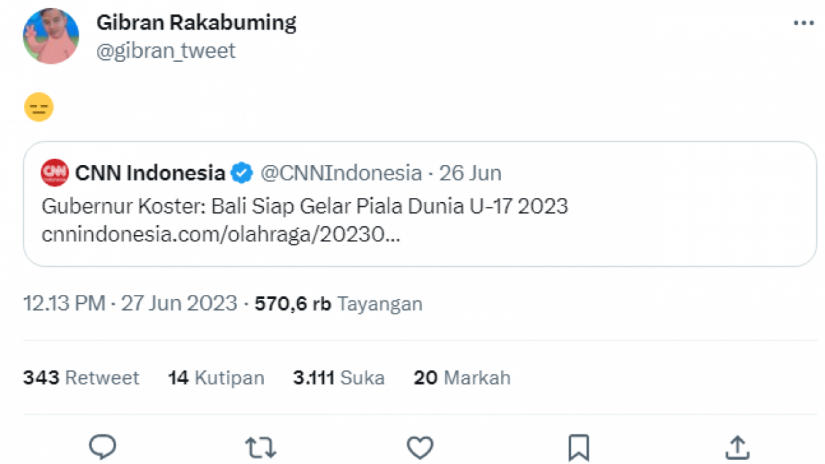 Tweet Gibran Rakabuming Raka soal Gubernur Bali Wayan Koster siap jadi tuan rumah Piala Dunia U-17 [Twitter @gibran_tweet]