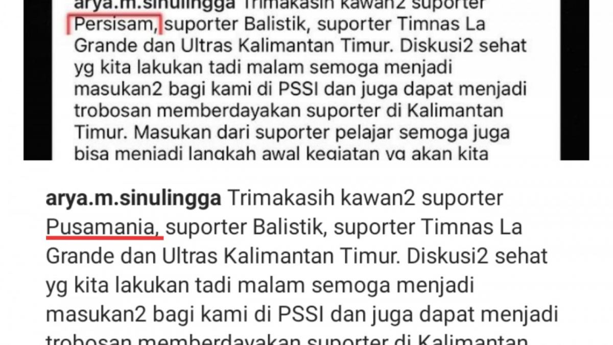 Caption yang diunggah Arya Sinulingga sebelum diubah (atas) dan setelah diubah (bawah) [Instagram]