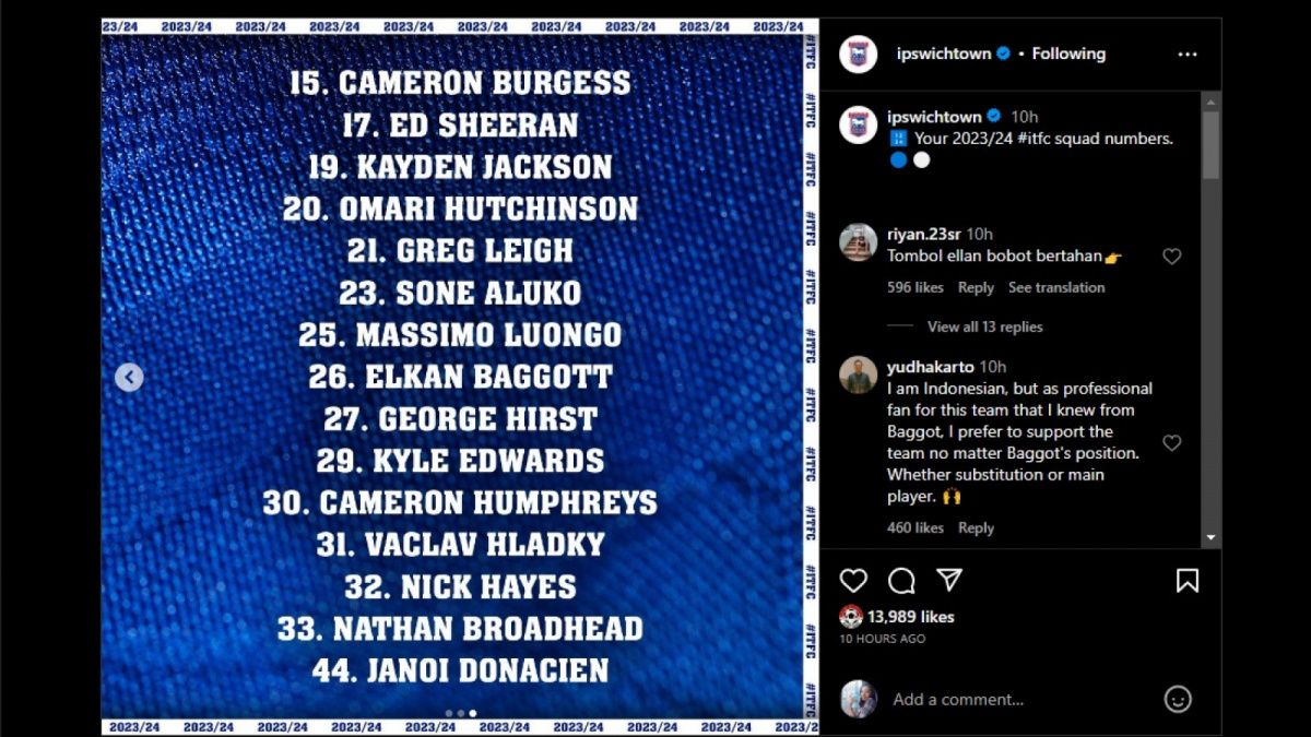 Unggahan instagram klub Ipswichtown yang merilis daftar pemainnya