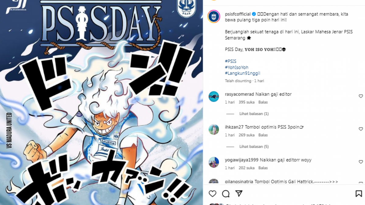 Karya desain poster PSIS Day dengan tema Luffy Gear 5 dari serial One Piece [@psisofficial]