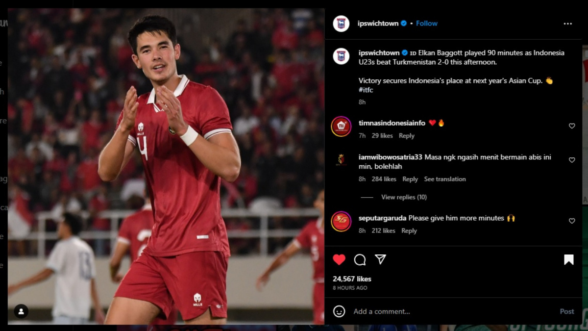 Unggahan Ipswich Town terkait performa Elkan Baggott bersama Timnas Indonesia [Instagram Ipswich Town]