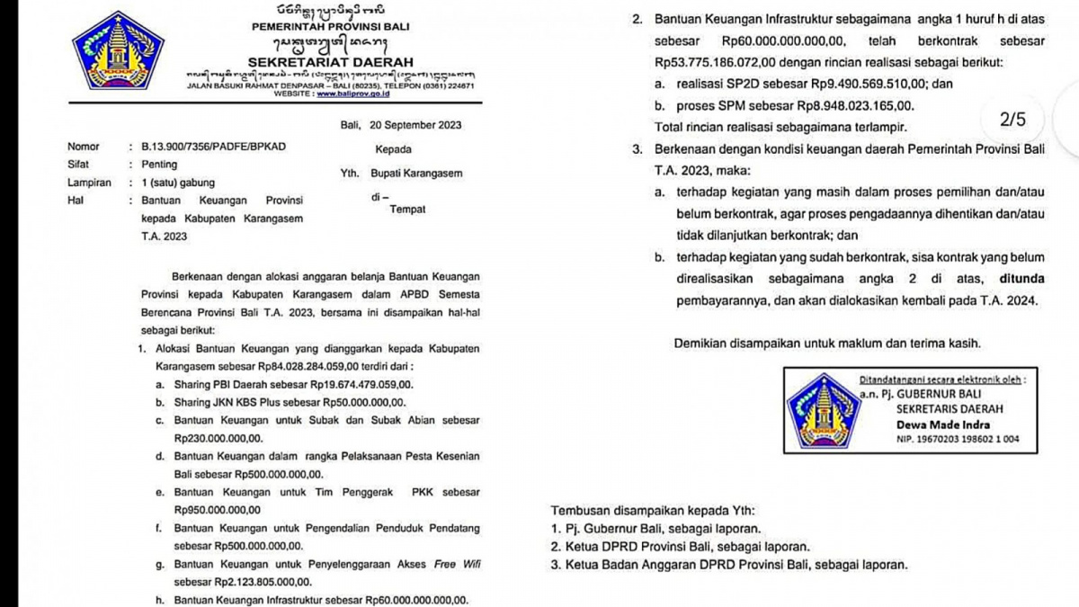 Kolase Surat Sekretaris Daerah Provinsi Bali Dewa Made Indra