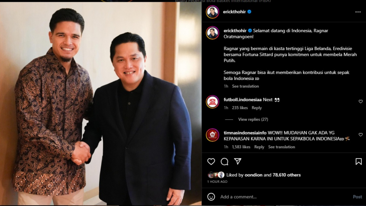 Unggahan Erick Thohir saat bertemu dengan Ragnar Oratmangoen