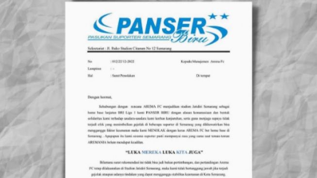 Suporter PSIS Semarang Panser Biru Tolak Pertandingan Arema FC vs Borneo FC Digelar di Stadion Jatidiri: 'Luka Mereka Luka Kita Juga'