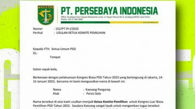 Resmi! Persebaya Usulkan Kaesang Pangarep Sebagai Ketua Komite Pemilihan PSSI