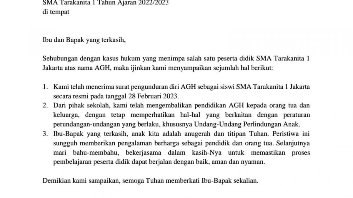 Isi surat SMA Tarakanita 1 mengungkapkan bahwa Agnes Gracia Haryanto telah mengundurkan diri. [SMA Tarakanita 1]