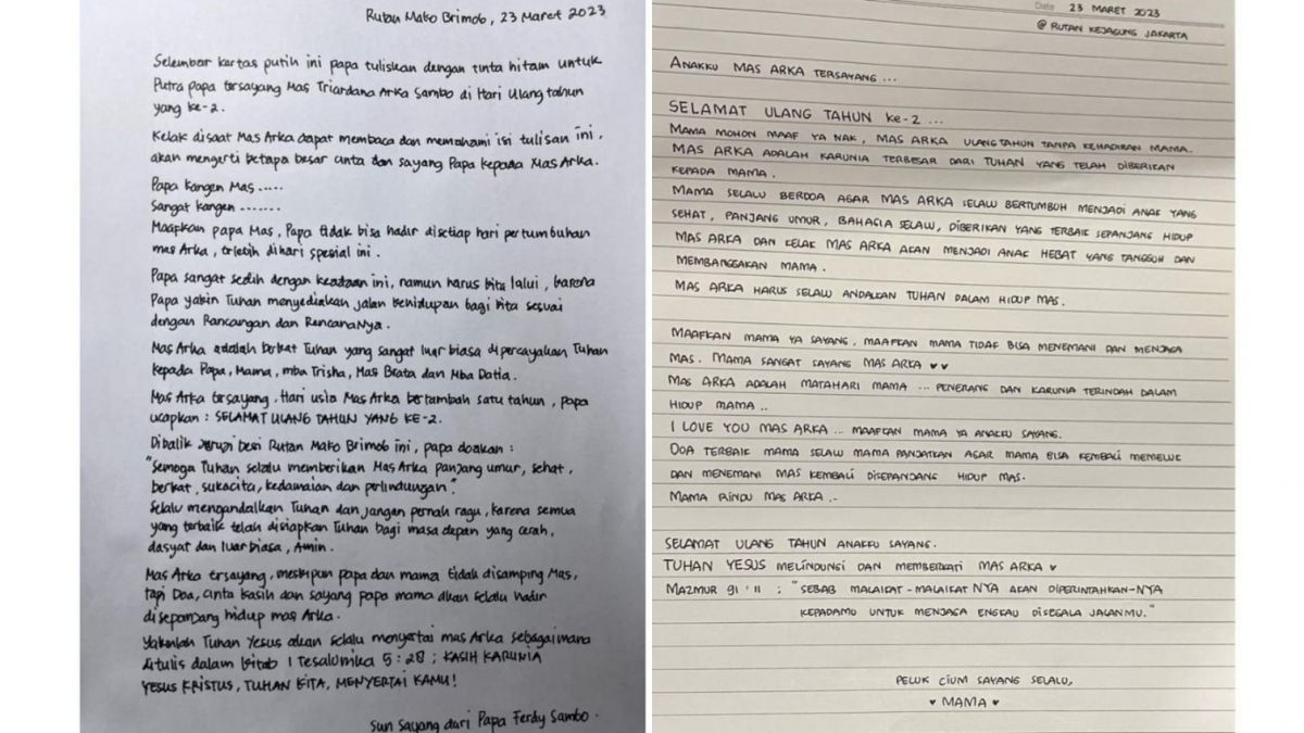 Surat yang ditulis Ferdy Sambo dan Putri Candrawathi untuk Arka [Instagram/@trishaeas]