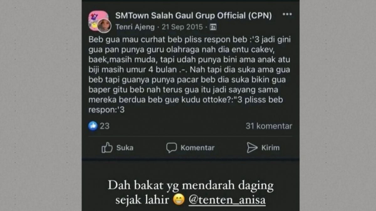 Status Tenri Ajeng di sebuah grup Facebook [Facebook SMTown Salah Gaul Group Official]