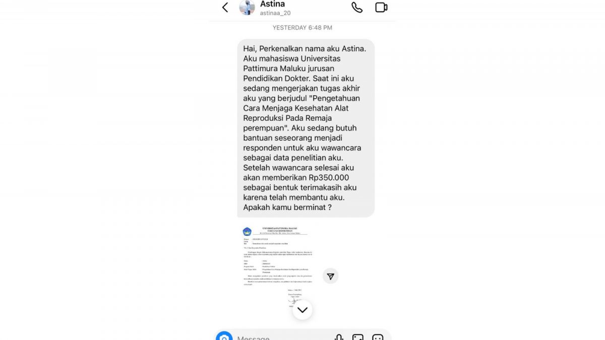 Oknum ini bersaksi keperluan wawancara ini untuk melengkapi tugas akhir, sekaligus menjanjikan bayaran 350 ribu rupiah jika berkenan diwawancarai [Twitter]