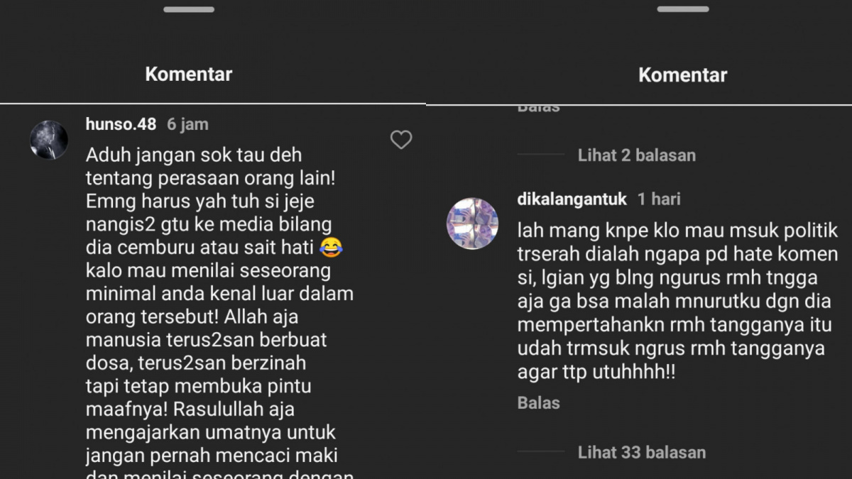 Komentar pembela Jeje Govinda [Kolom komentar Instagram @amanatnasional]