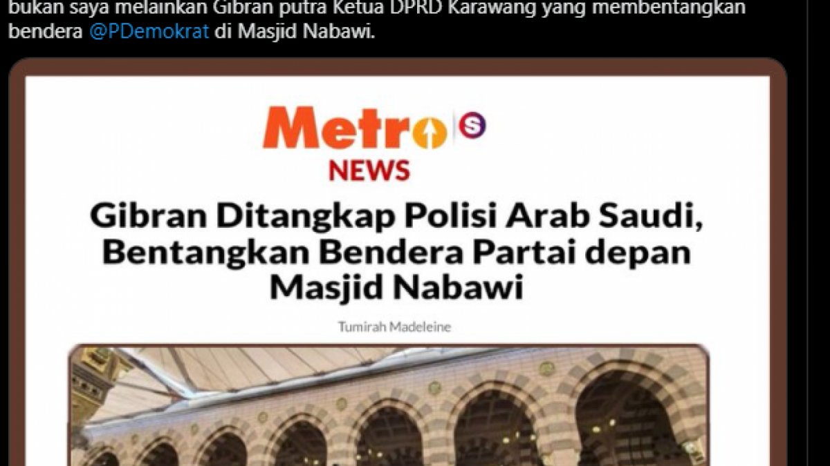 Tangkapan layar berita Gibran Ditangkap Polisi Arab Saudi, Bentangkan Bendera Partai Depan Masjid Nabawi.