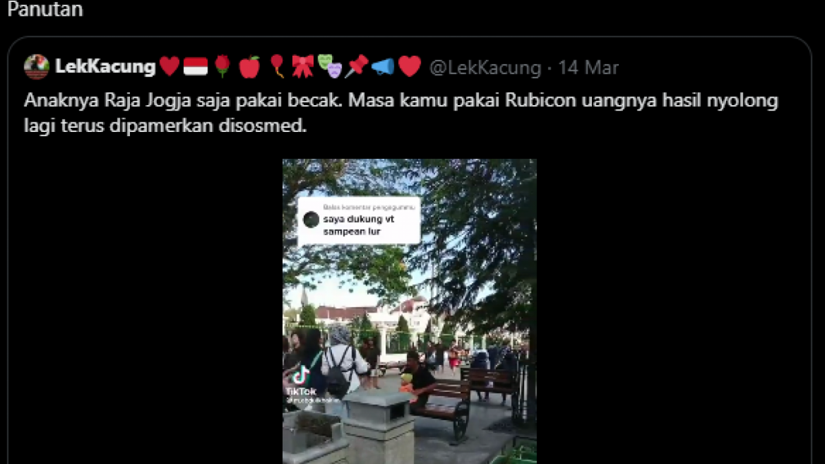 Gibran puji putri bungsu Sultan Yogya naik becak. (tangkapan layar/ist)