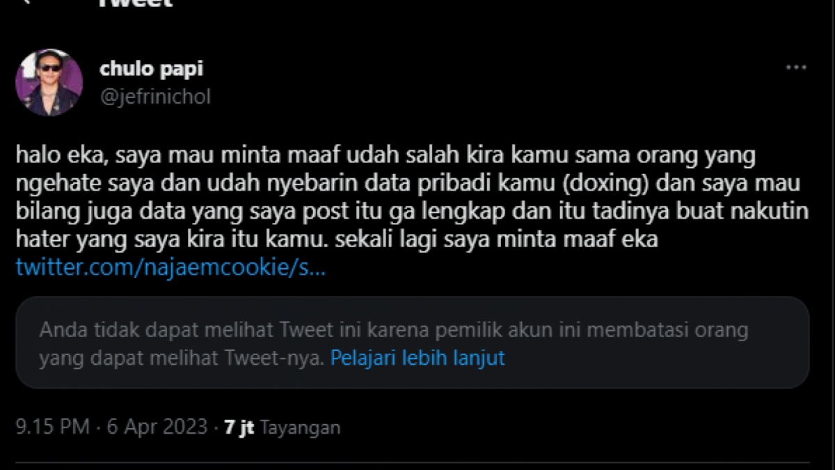Cuitan Jefri Nichol minta maaf setelah salah sasaran doxing seseorang di Twitter. (tangkapan layar/ist)