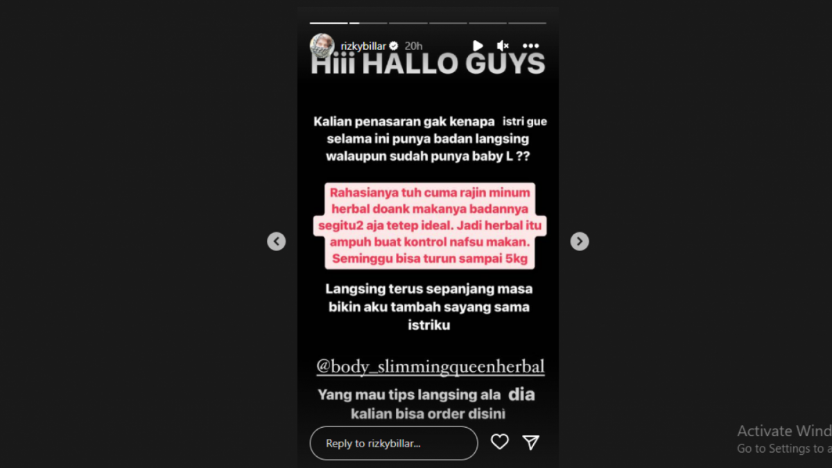 SS Insta story Rizky Billar [Instagram]