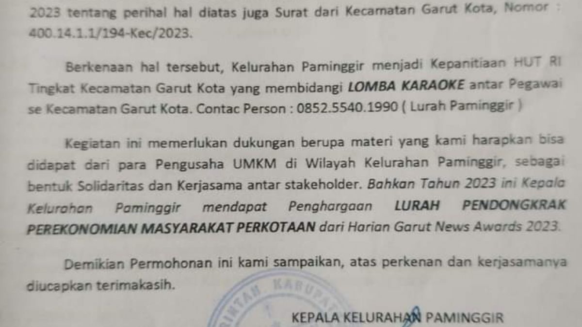 Isi surat permohonan partisipasi dari Kelurahan Paminggir, Kecamatan Garut Kota, Kabupaten Garut.