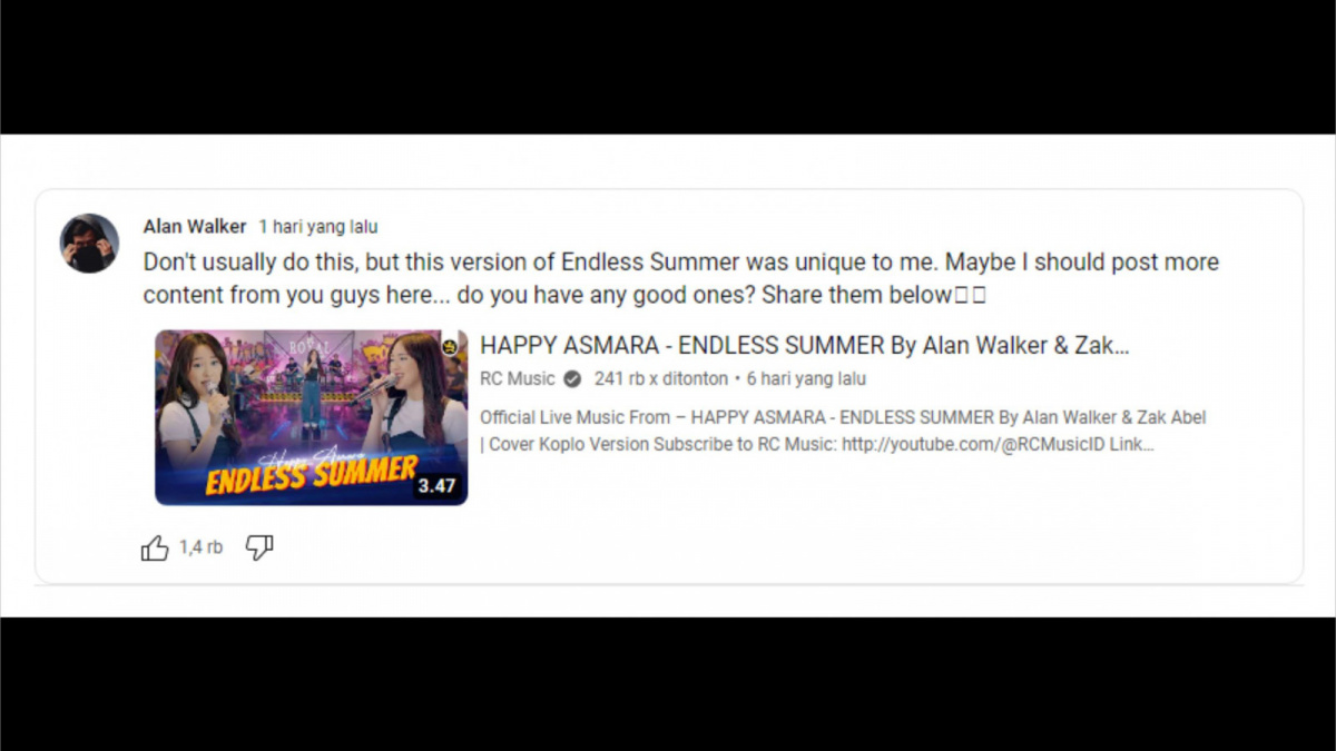Postingan Alan Walker di kanal Youtube miliknya kepada Happy Asmara dengan Endless Summer Koplo. [Youtube Alan Walker]