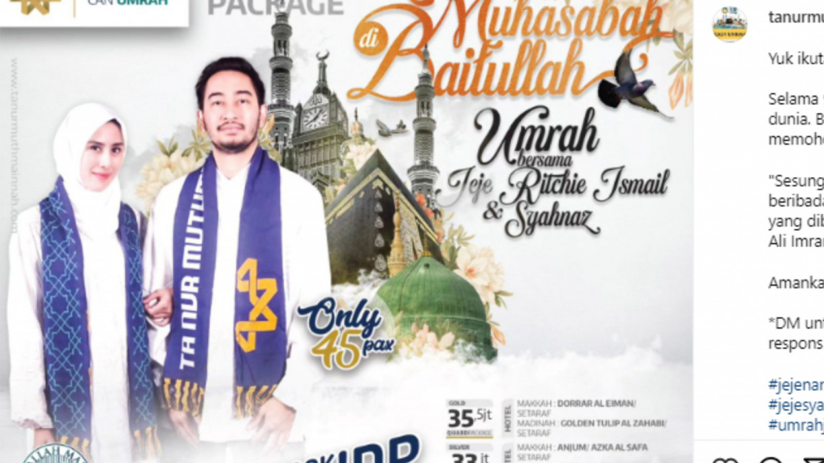 Pamflet atau poster yang memperlihatkan Syahnaz dan Jeje mengenakan pakaian muslim. [Instagram/@tanurmuthmainnah.official]