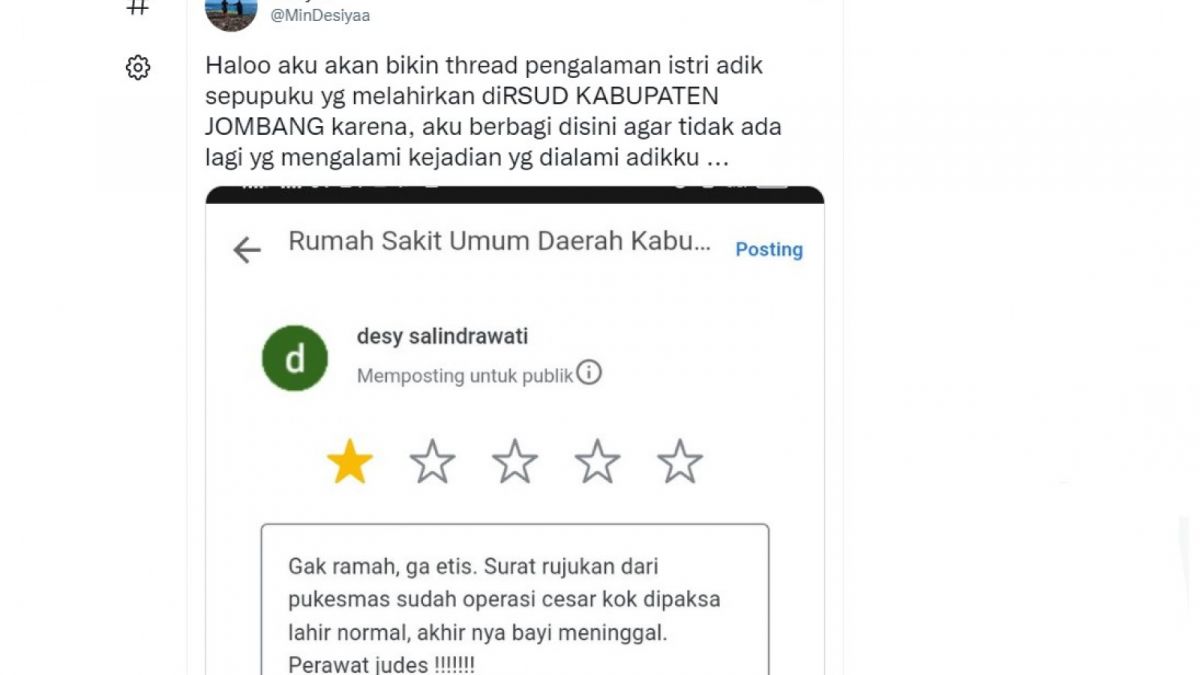 Tangkapan layar unggahan yang menceritakan kronologi pasien yang kehilangan anaknya akibat dipaksa lahiran normal. [Twitter/ @MinDesiyaa]