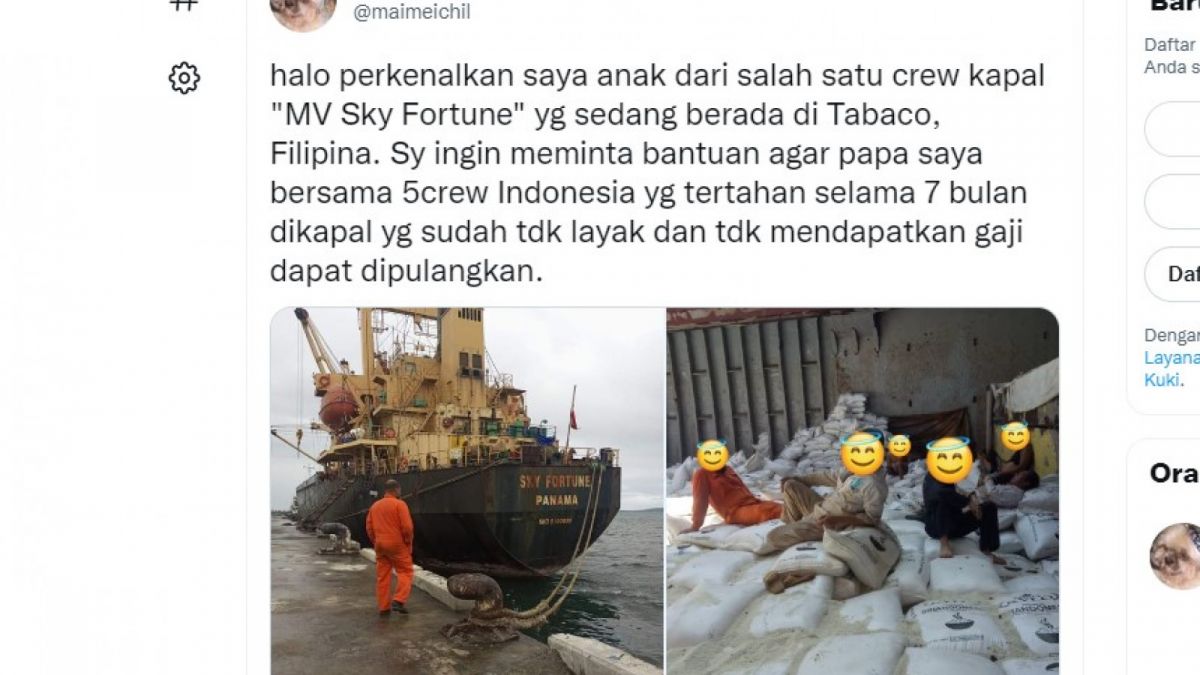 Tangkapan layar utas Maimechil yang menceritakan 6 ABK WNI tertahan di kapal MV Sky Fortune di Tobaco, Filipina. [Twitter/ @maimeichil]