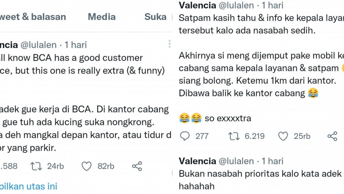 Tangkapan layar utas Twitter yang menceritakan pelayanan BCA terhadap nasabahnya. [Twitter/ @lulalen]