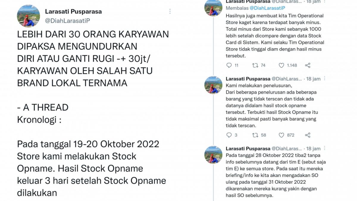 Tangkapan layar curhatan karyawan brand lokal. [Twitter/@DiahLarasatiP]