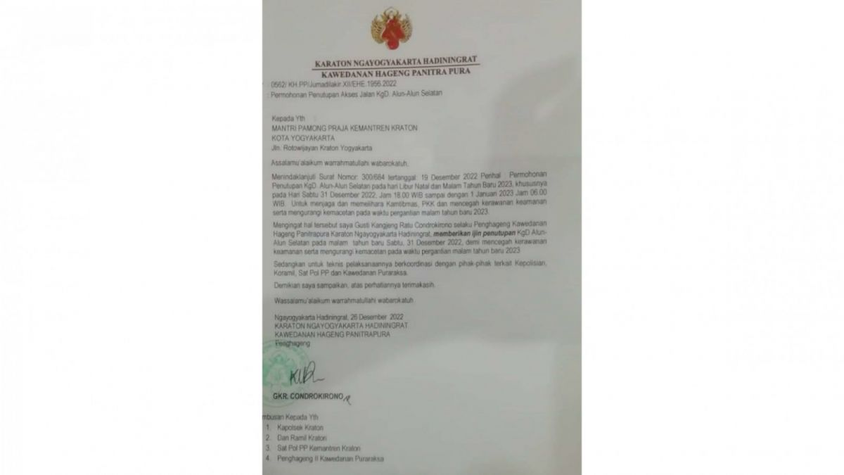 Surat keterangan permohonan penutupan Alun-alun Selatan Yogyakarta. [Twitter @merapi_uncover]