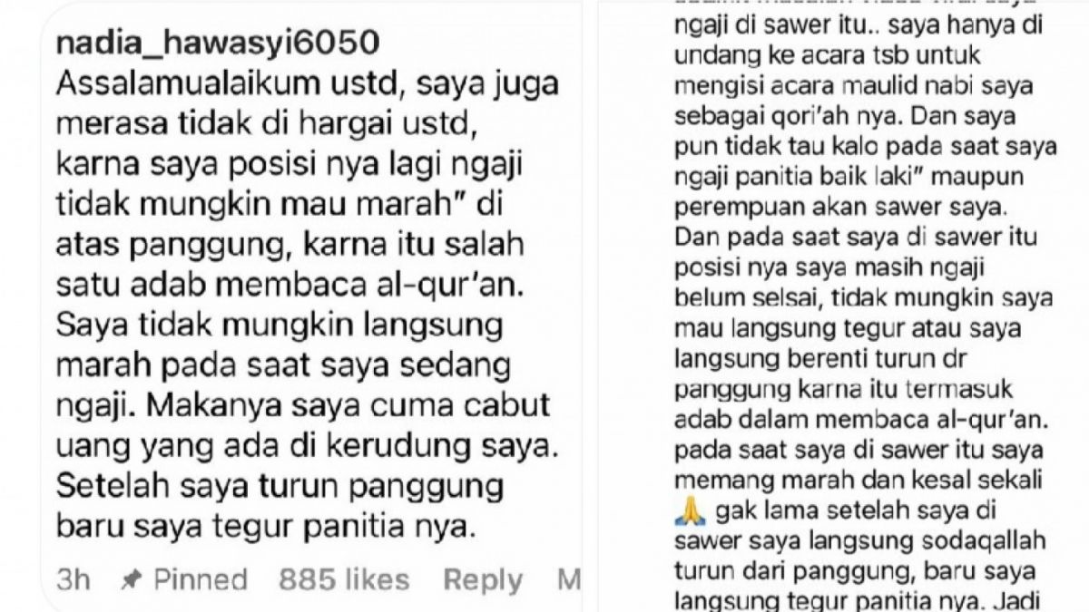 Klarifikasi Nadia Hawasyi qoriah yang disawer di atas panggung. [Twitter/@hilmi28]