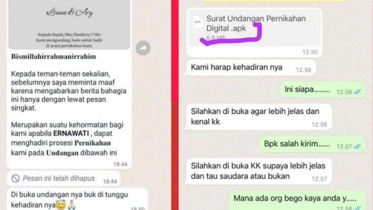 Tangkapan layar modus penipuan berkedok undangan nikah. [Twittter/@Heraloebss]