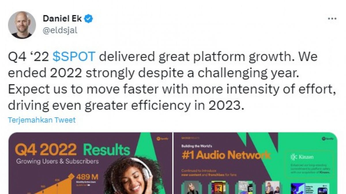 Tangkapan layar cuitan Daniel Ek terkait harapan bagi Spotify di 2023. [Twitter/@eldsjal]