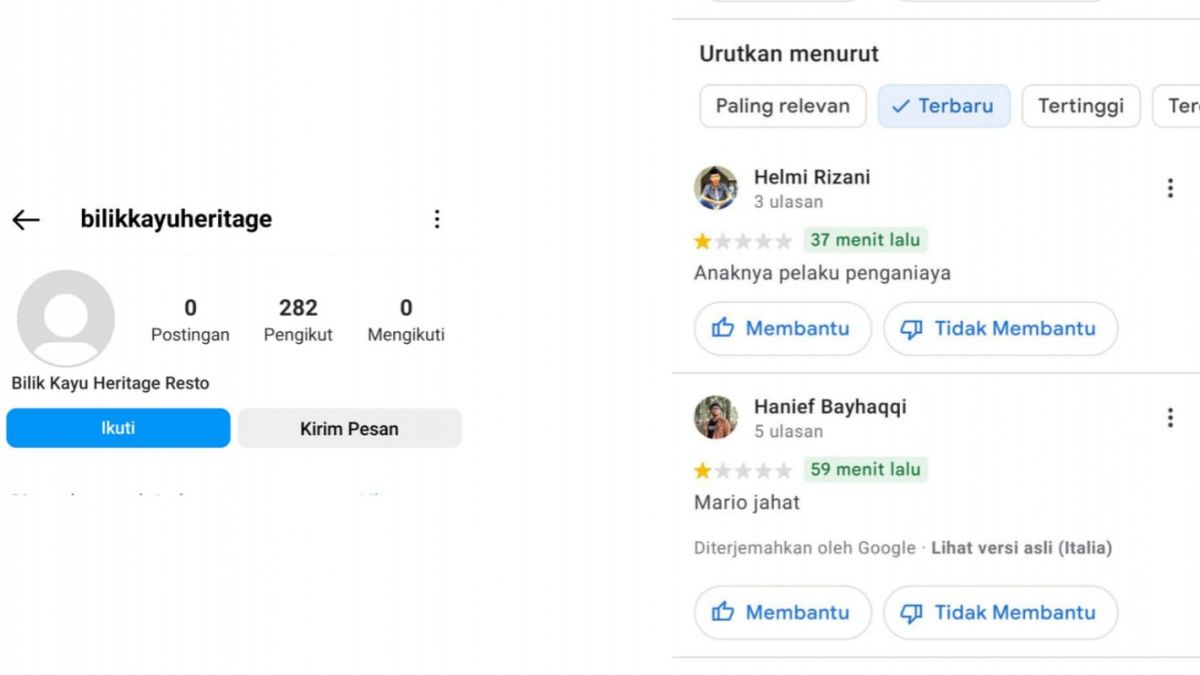 tankapan layar Instagram dan ulasan negatif warganet. [IG/@bilikkayuheritage dan Twitter/@alvinmalana]