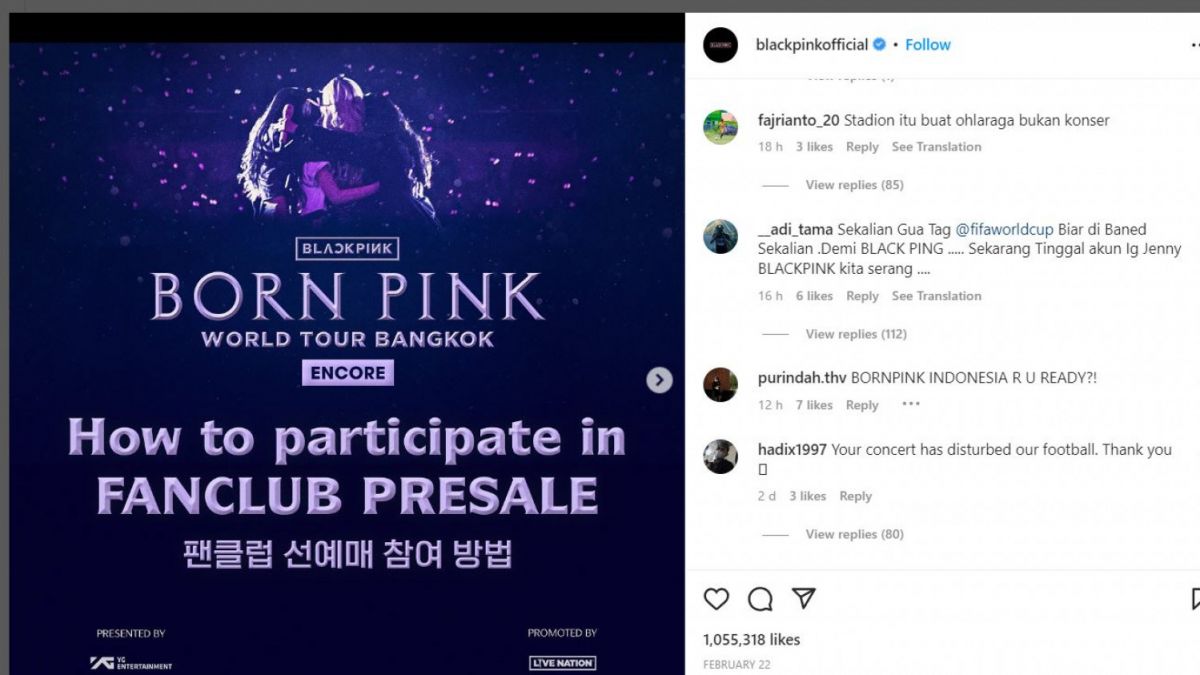 Komentar suporter bola Indoensia di salah satu unggahan Instagram Blackpink. [Instagram/blackpinkofficial]