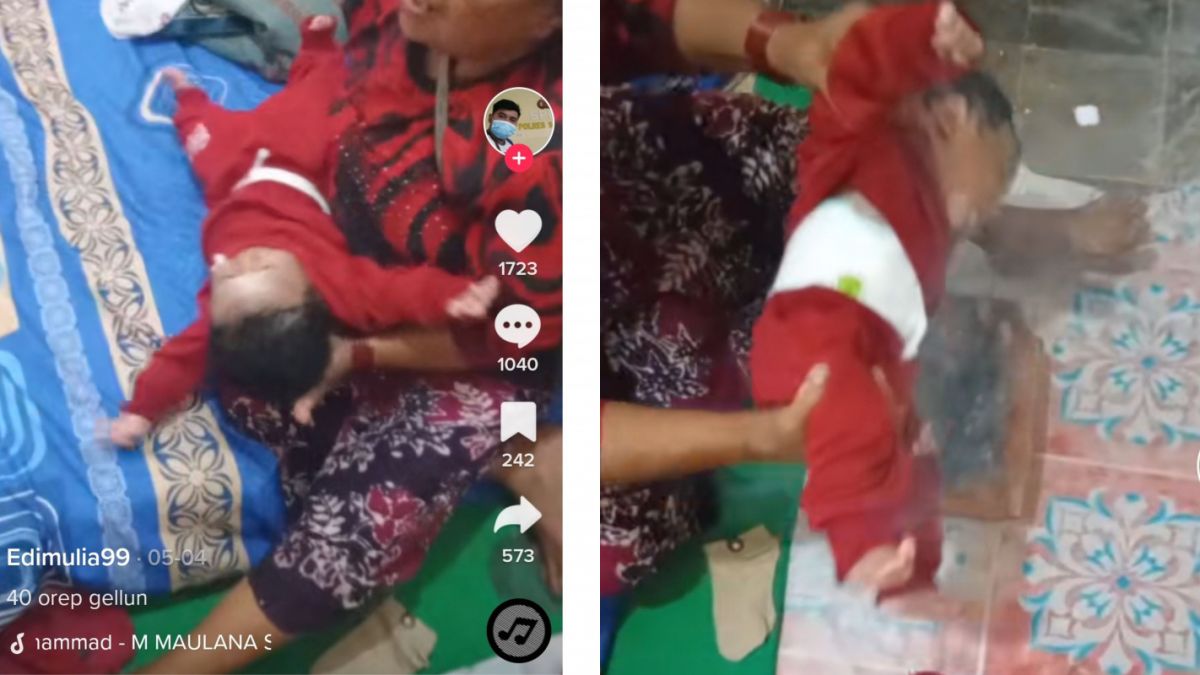 Tradisi mengagetkan bayi dengan cara  menganggatkan dengan  tinggi untuk mengagetkannya. [TikTok/@Edimulia99]