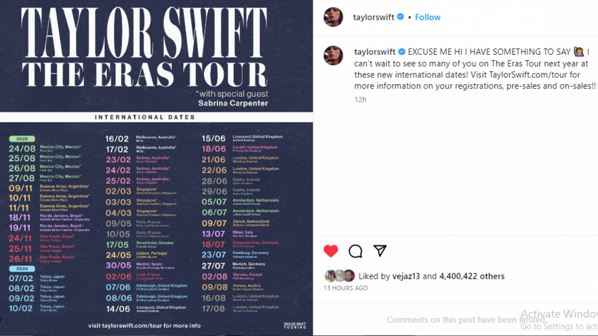 Pengumuman Taylor Swift terkait konser The Eras Tour. [Instagram/@taylorswift]