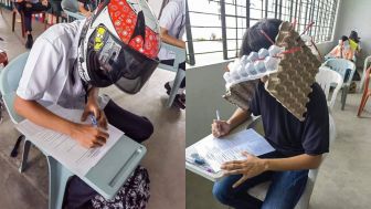 Kreatif! Mahasiswa Kenakan Topi Anti-contek, Ada yang Pakai Helm dan Wadah Telur