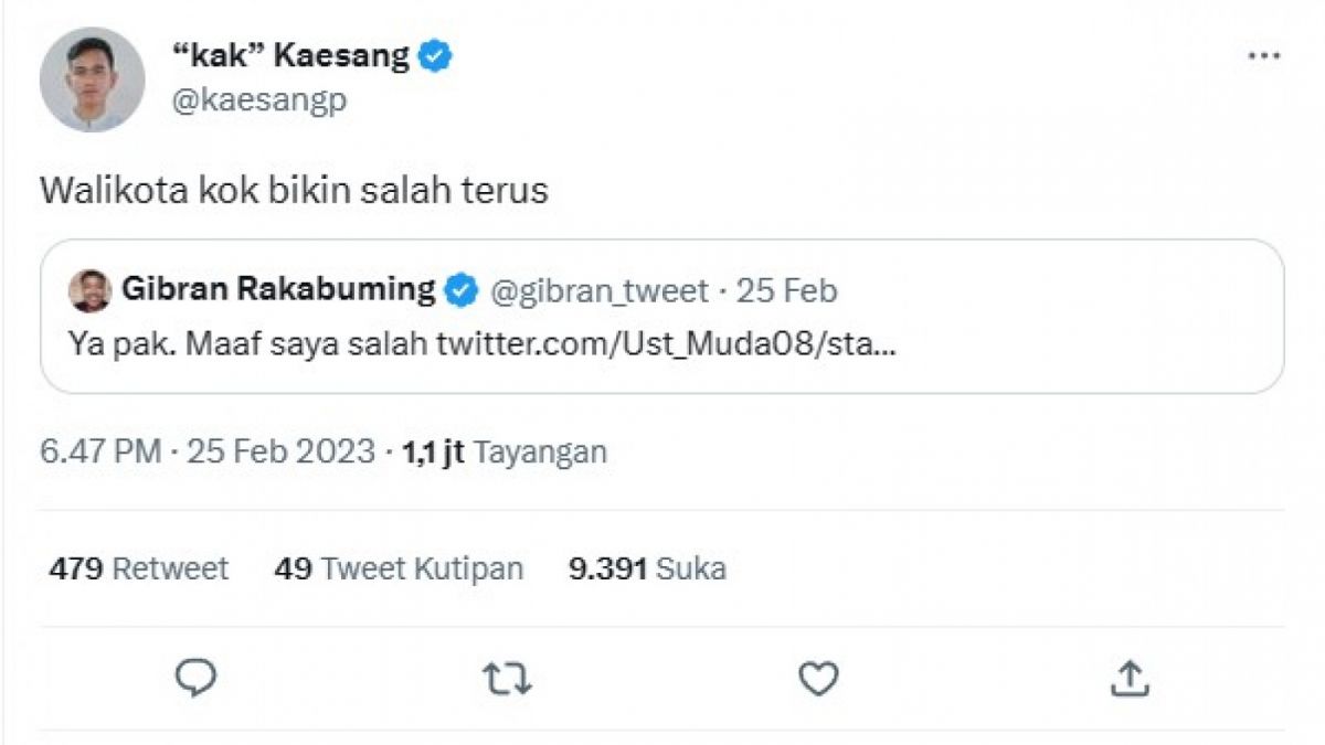 Cuitan Kaesang Pangarep yang menyindir Gibran. [[Twitter]]