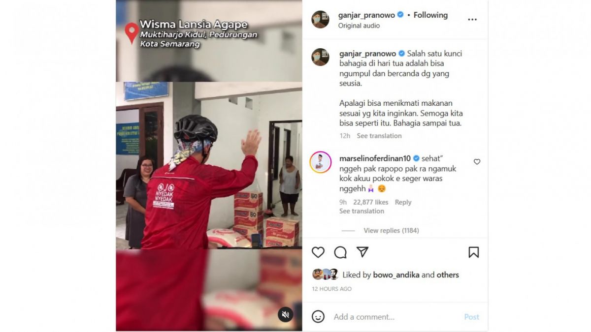 Unggahan Ganjar yang dikomentari pemain Timnas Indonesia Marselino Ferdinan [[Instagram]]