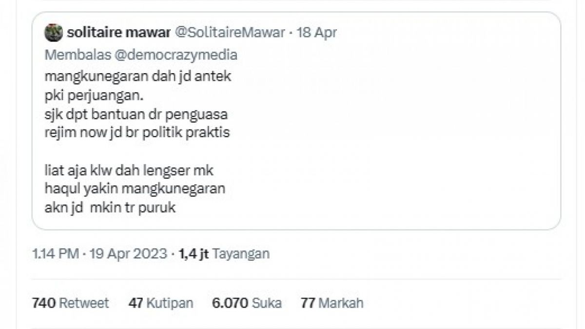 Cuitan netizen sebut Mangkunegaran antek PKI [[Twitter]]
