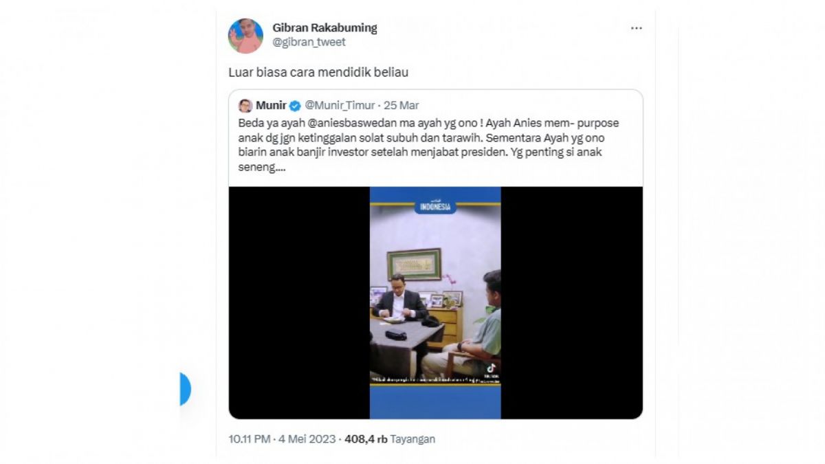 Cuitan Gibran menjawab sindiran pendukung Anies Baswedan. [[Twitter]]