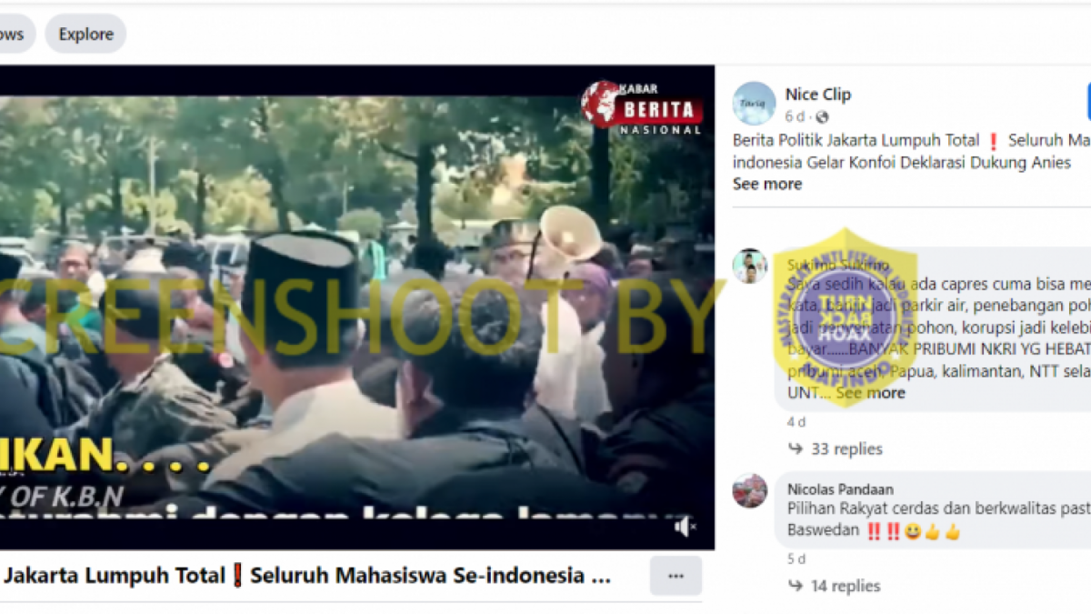 Tangkapan layar akun facebook dengan nama Nice Clip pada 19 Mei 2023 mengunggah sebuah video dengan klaim seluruh mahasiswa se-Indonesia tengah menggelar konvoi sebagai bentuk deklarasi mendukung Anies Baswedan sebagai calon presiden Republik Indonesia 2024. [[Turnbackhoax.id]]