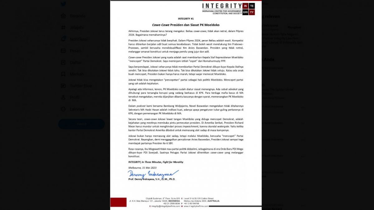 Keterangan tertulis Denny Indrayana yang diunggah di media sosial Twitter [[Twitter]]