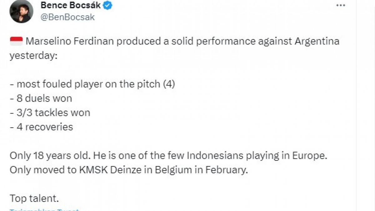 Cuitan Bence Bocsk yang memuji Marselino Ferdinan. [[Twitter/BenBocsak]]