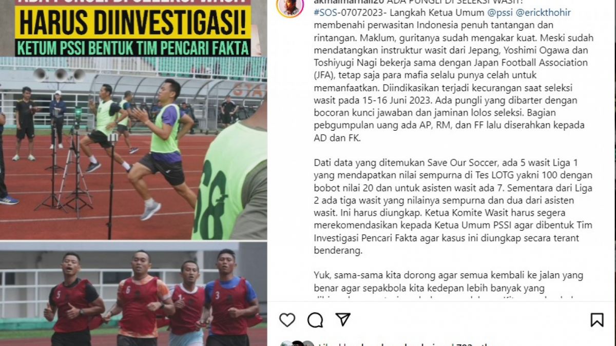 Postingan Akmal Marhali soal dugaan isu pungli dalam seleksi wasit Liga 1. [Instagram Akmal Marhali]