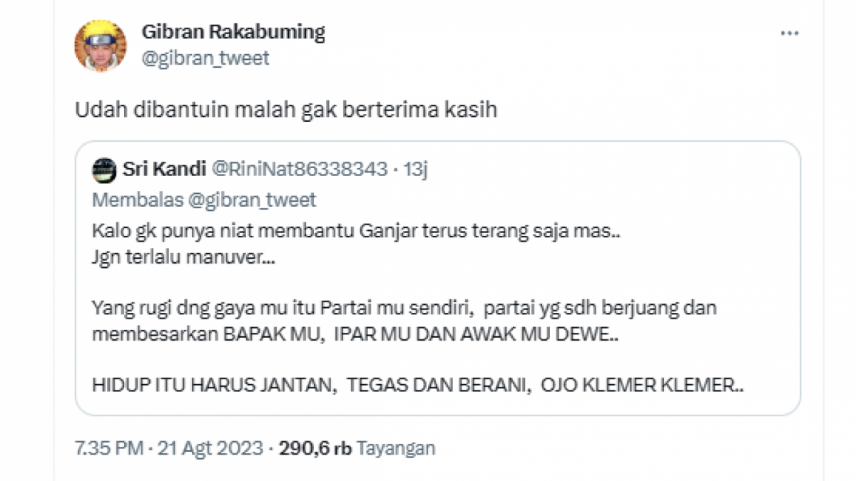 Cuitan Gibran Rakabuming Raka yang dianggap tak serius membantu Ganjar Pranowo. [[Twitter]]