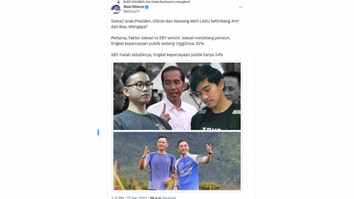 Cuitan Jhon Sitorus yang membandingkan putra Presiden Jokowi dengan SBY [[Twitter/X]]