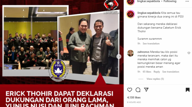 Erick Thohir dapat Dukungan dari Orang Lama PSSI, Netizen Sebut Masa Depan Suram